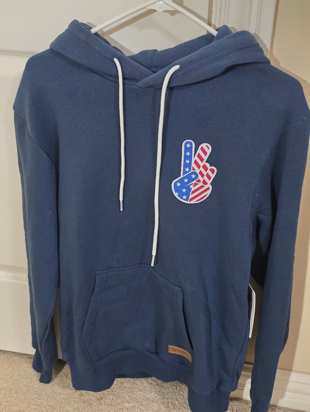 NWT Tipsy Elves Blue Men's Hoodie with American Flag Peace Patch